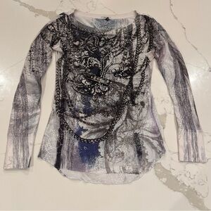 Vintage Cache 90s Y2K Long Sleeve Top Sz M Fleur De Lys Rhinestone Fairy Grunge